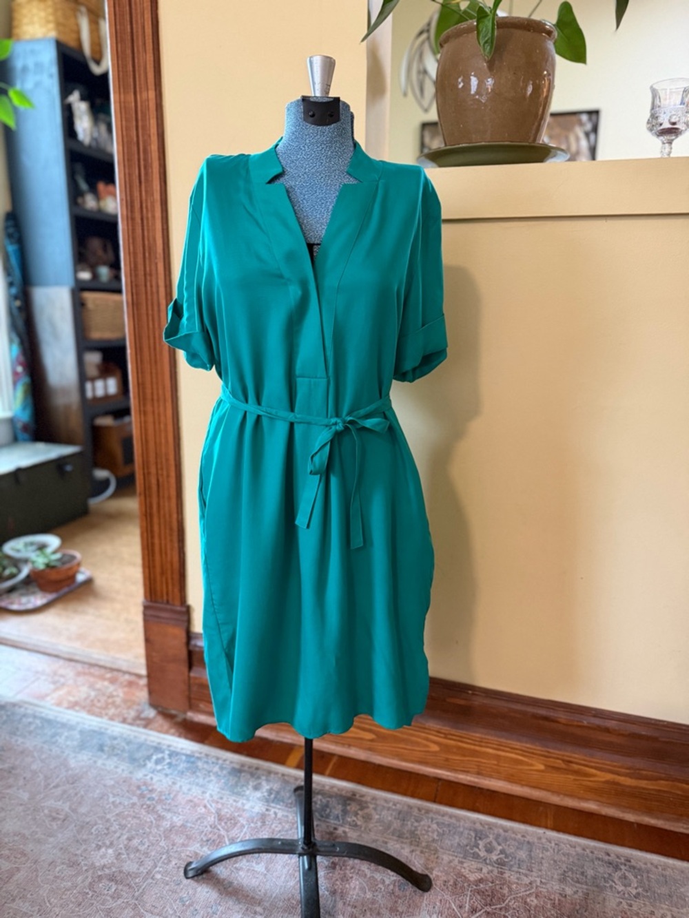Self-Tie Teal Midi Shirt Dress with Short Rolled Sleeves